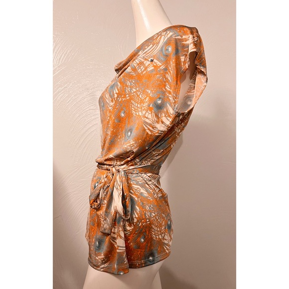 COPY - NWOT The Limited Peacock Print Drape Neck Tie Waist Blouse - Picture 4 of 10